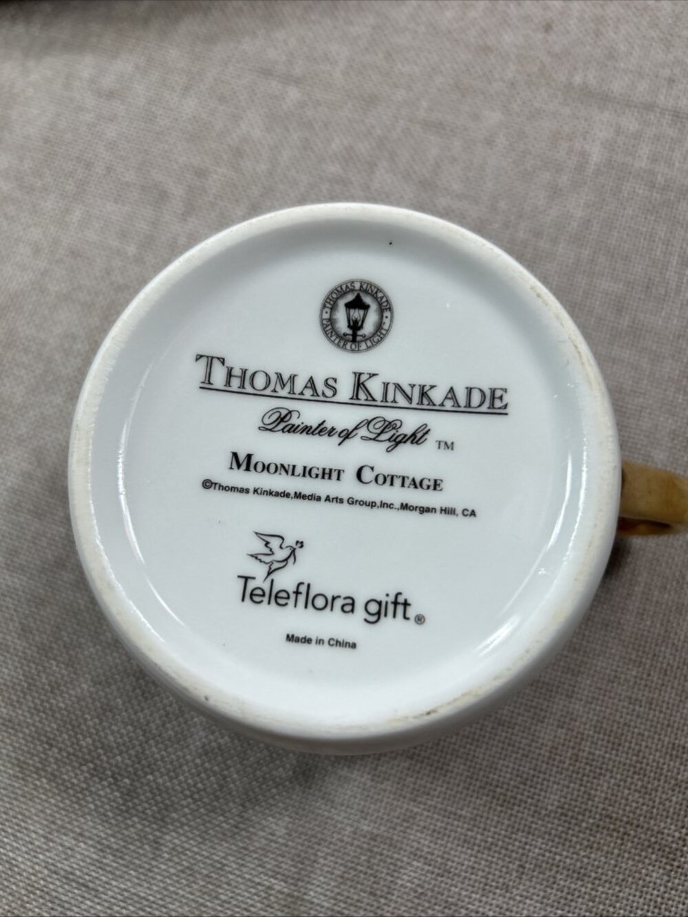 Thomas Kinkade Moonlight Cottage Coffee Mug Cup W/Gold Trim 3" D Telflora Gift - Picture 3 of 4